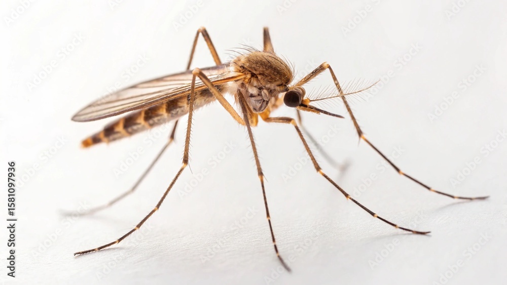 A detailed side view of a common mosquito, highlighting its striped body and intricate anatomy. This studio shot provides clear visibility for educational or research purposes related to insect biolog A detailed side view of a common mosquito, highlighting its striped body and intricate anatomy. This studio shot provides clear visibility for educational or research purposes related to insect biolog