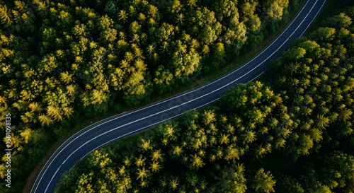 Aerial view of a winding road cutting through a dense forest landscape scenic drive
