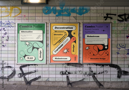 Mockup Of Three Customized Posters And Graffiti