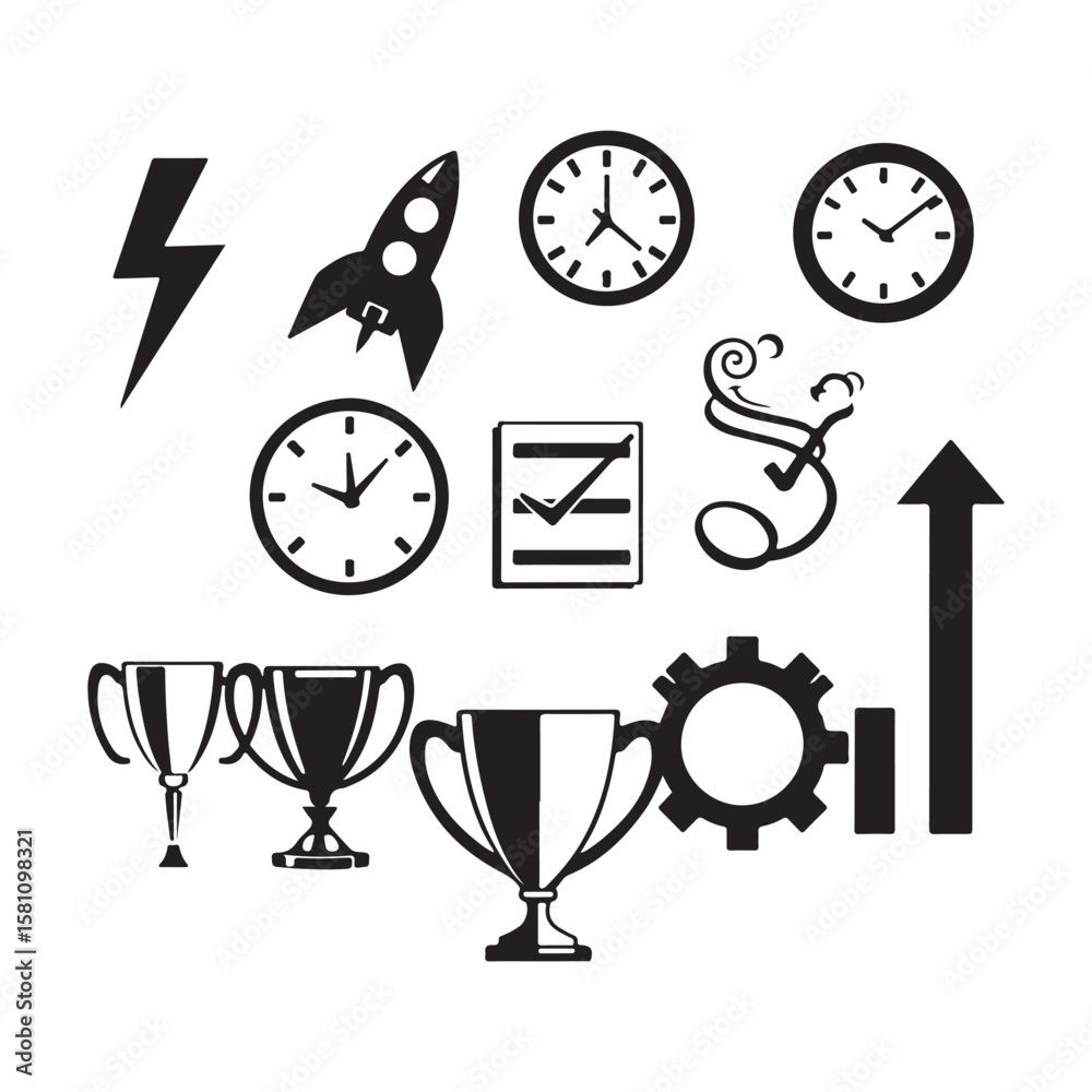 Fototapeta premium A sleek vector illustration of a set of black wall clocks, symbolizing time is money with every hour and minute counting down to a business deadline