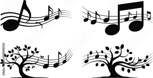 Abstract musical notes and stylized trees with leaves on a white background