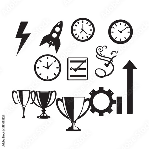 A sleek vector illustration of a set of black wall clocks, symbolizing time is money with every hour and minute counting down to a business deadline