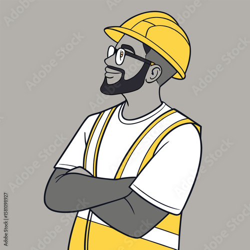 Vector art of a construction worker wearing a hard hat and safety vest stands with arms crossed