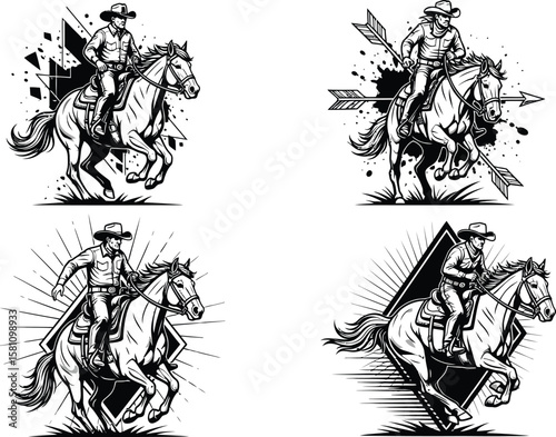 Cowboy riding a horse set in four different illustration styles