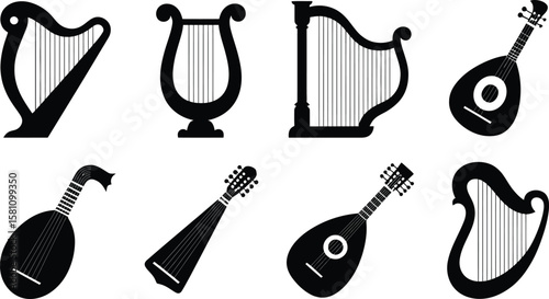 Collection of black silhouette stringed musical instruments including harps and lutes