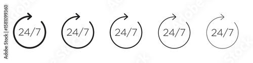 24 7 icon in thin to bold stroke versions on white background