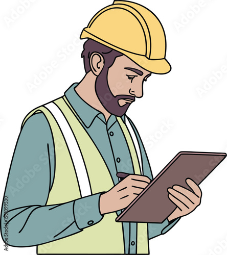 Vector art of a construction worker in a hard hat and safety vest writes on a clipboard