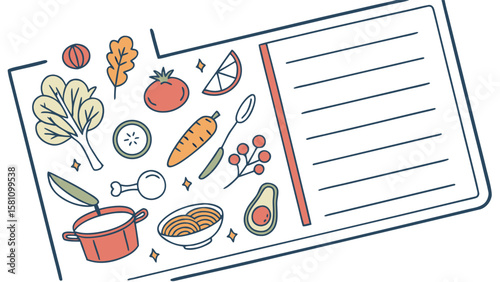 Illustration of a recipe card with various food items and lines for writing instructions visible
