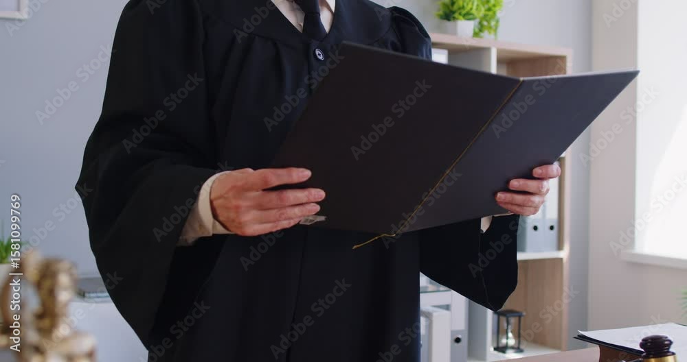 Judge gives judgement in court of law. Serious middle aged woman in gown and glasses stands up from table and pronounces sentence by reading out from folder. Law, justice, trial, prosecution concept Judge gives judgement in court of law. Serious middle aged woman in gown and glasses stands up from table and pronounces sentence by reading out from folder. Law, justice, trial, prosecution concept