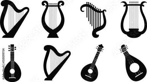 Collection of black silhouettes of various harps and stringed instruments