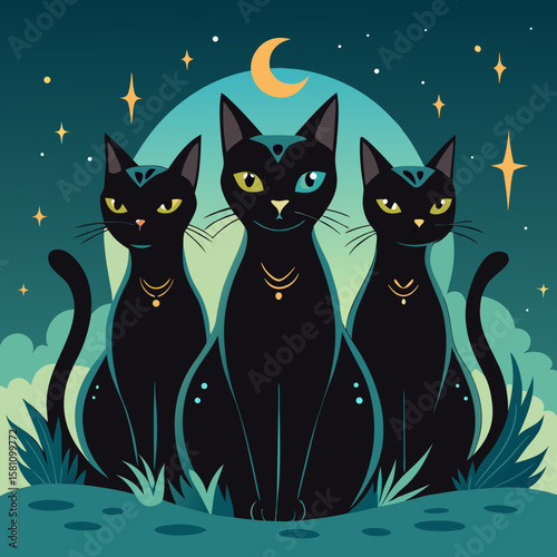 Cute black cat silhouette vector illustration of a kitten on the moon with hearts