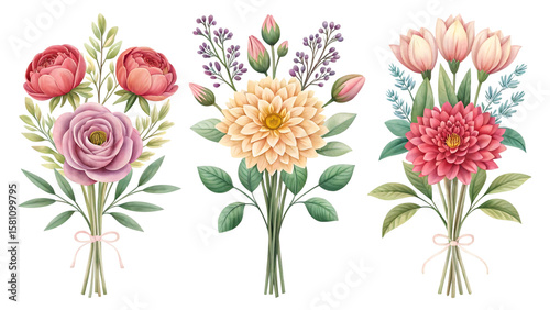 Elegant Watercolor Flower Bouquets Peonies, Dahlias, Tulips & More