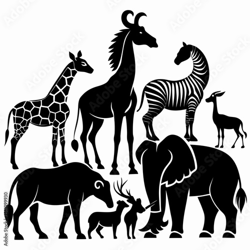 A cartoon vector silhouette illustration of wild zebras, donkeys, and ponies with other safari animals like giraffes, elephants, and deer