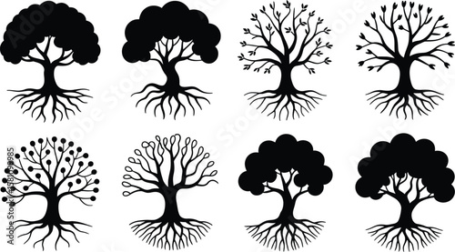 Collection of eight stylized black tree silhouettes with visible roots