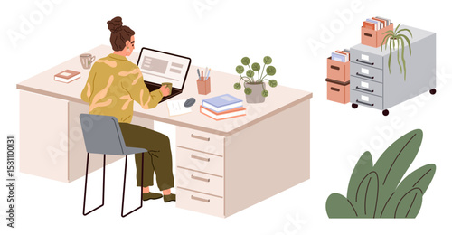 Woman seated at desk using laptop, with office supplies, plants, stacked books, file cabinet with folders. Ideal for productivity, remote work, organization, creativity office decor multitasking