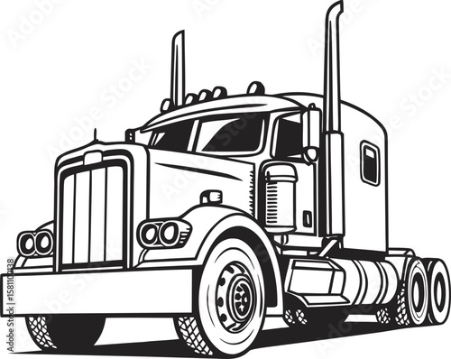 Vector art of a classic semitruck with a large grille and dual exhaust stacks