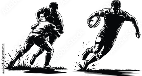 Dynamic black and white illustration of rugby players in action on a white background