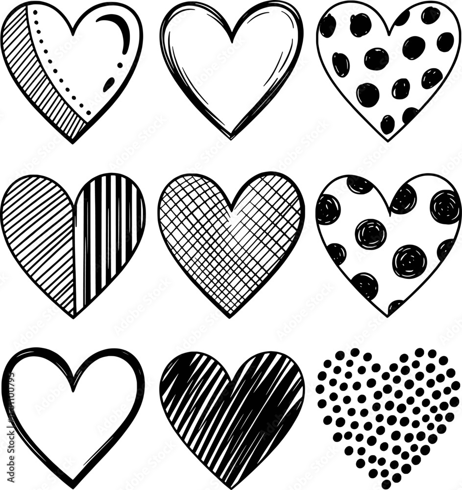 Collection of nine black and white hand drawn hearts with various patterns and textures