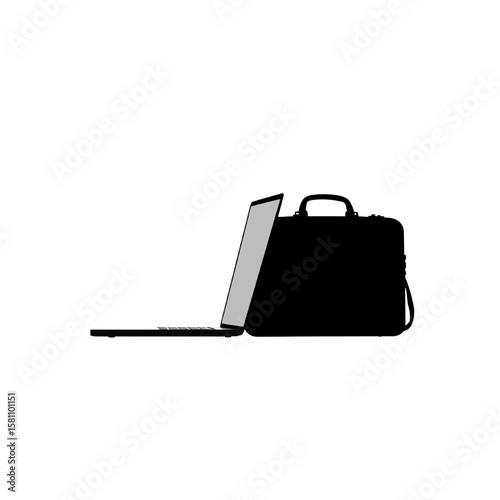 silhouette of open laptop with briefcase on transparent background
