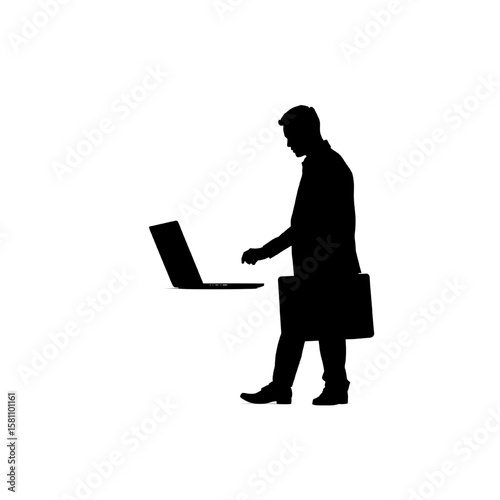 businessman silhouette with laptop and briefcase on transparent background