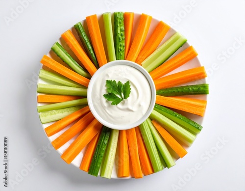 Bastones de zanahoria, pepino y apio dispuestos en círculo con un dip blanco al centro