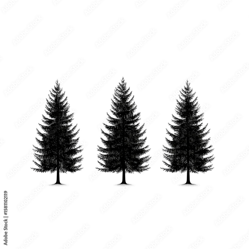 Obraz premium Three evergreen trees with a simple black outline and visible trunks in a row on white background created with generated ai 