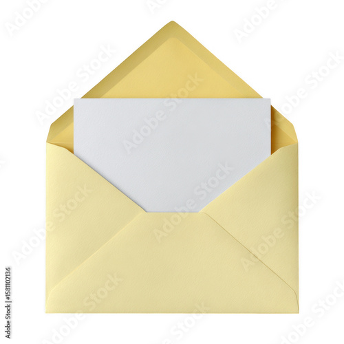 Open pale yellow envelope with a white card inside isolated on transparent background