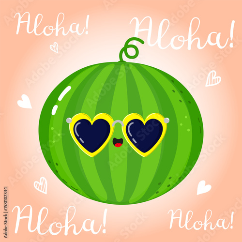 A cheerful watermelon wearing heart sunglasses, saying Aloha!