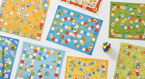 Colorful Board Game Collection: Whimsical Paths and Playful Tokens on White Background