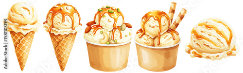 キャラメルアイスクリームの水彩ベクターイラストセット コーンアイス/ カップアイス