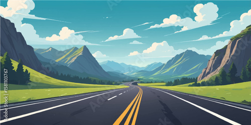 Winding asphalt road through a summer mountain landscape under a vast sky, inviting a scenic nature drive