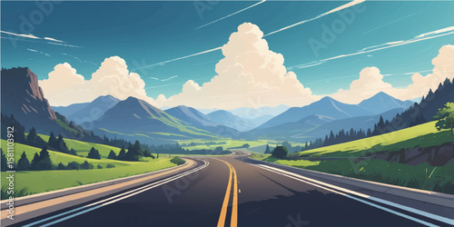 Scenic asphalt highway winds through majestic green mountains under a summer sky with white clouds