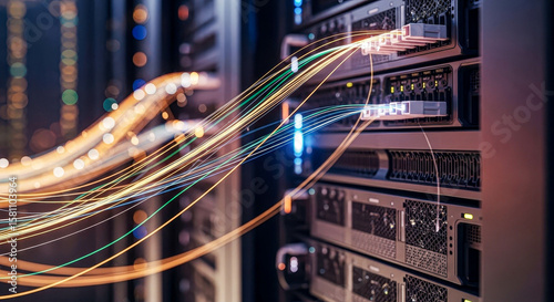 Fiber optic cables transferring data into server racks with bokeh light trails. High-speed internet network infrastructure in data center for cloud computing.