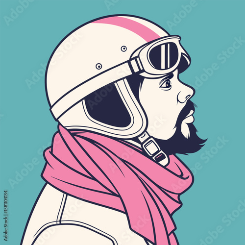 Vector art of a man with a beard wearing a vintage helmet, goggles, and pink scarf