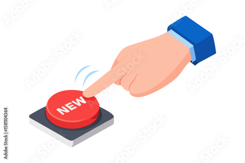 Initiate, flip a switch, start a business, open a new business or career, new plans and a future. Isometric hand presses the red button
