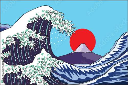 Line art vector great wave off kanagawa background with Fuji mountain and the sun drawing in colorful vector
