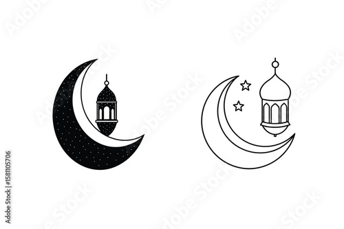 Crescent moon with Islamic lantern and stars vector