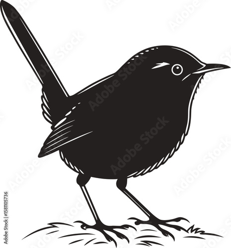 Vector art of a black silhouette of a small bird perched on grass, isolated on a white background