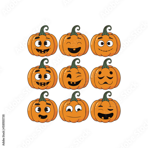 Halloween t-shirt design of different expressions cute pumpkins artwork illustration for print ready template