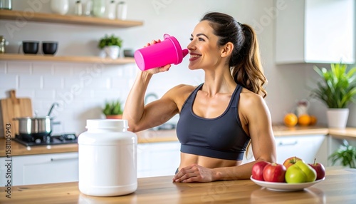 Sporty woman drinks protein shake at kitchen counter after workout.