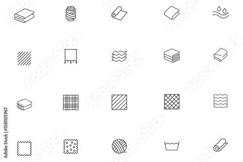 Textile and fabric line icon set, vector collection of towel, cloth swatch, and laundry symbols, illustrating material properties and patterns for design
