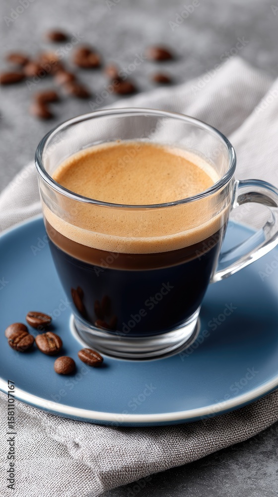 Enjoy a warm cup of black coffee with steam rising, accompanied by coffee beans on a beautifully textured dark surface Enjoy a warm cup of black coffee with steam rising, accompanied by coffee beans on a beautifully textured dark surface