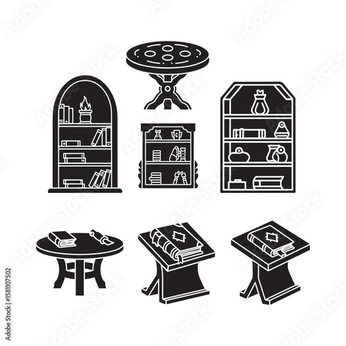Black and White Furniture and Book Elements Illustration