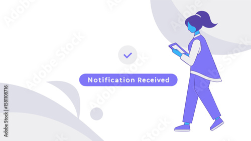 Woman with ponytail holding a tablet and a notification received message on a white and purple background