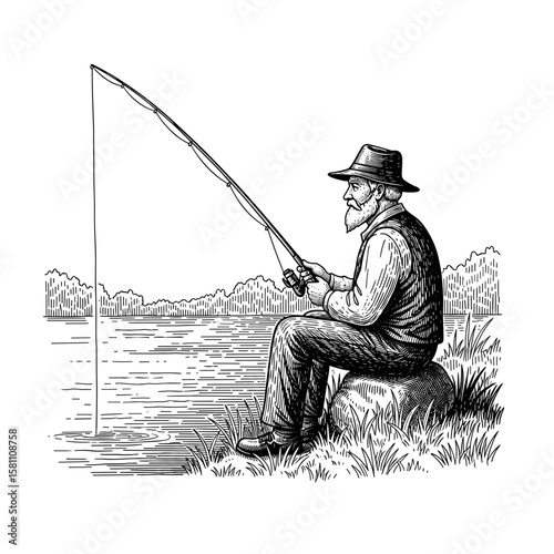 Elderly man fishing while sitting on rock by calm riverbank  