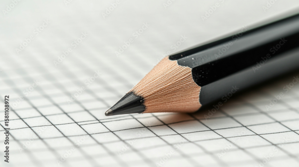 A closeup of a black pencil with a sharp point on a grid paper surface A closeup of a black pencil with a sharp point on a grid paper surface
