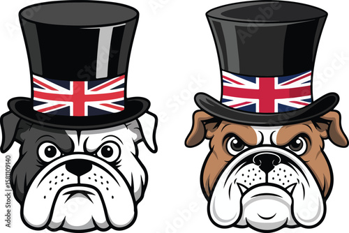 Two distinct English Bulldogs wearing Union Jack top hats, showcasing British charm.
