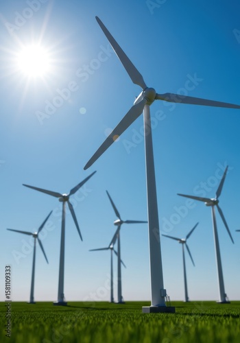 White Wind Turbines in a Green Field Under a Bright Sunny Sky