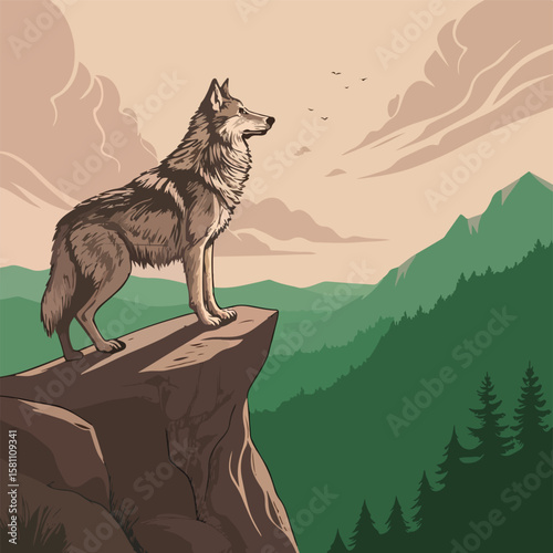 The wolf is waiting for prey on the edge of the cliff