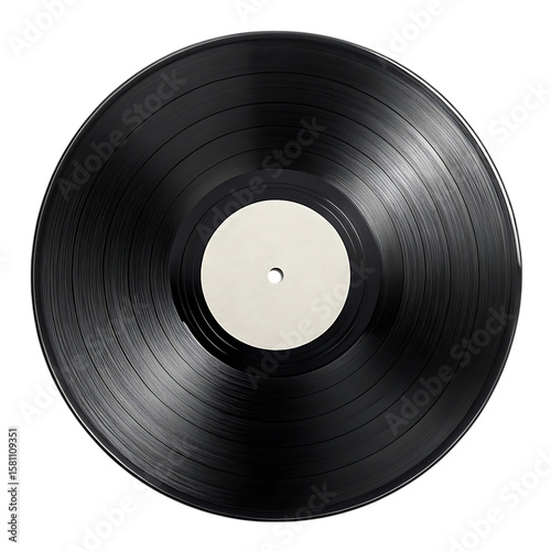 Classic black vinyl record with blank white label isolated on white background